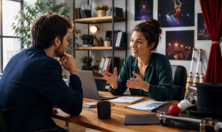 Séance de coaching professionnel entre un entrepreneur du spectacle et sa consultante, autour d'une stratégie de développement commercial dans un bureau