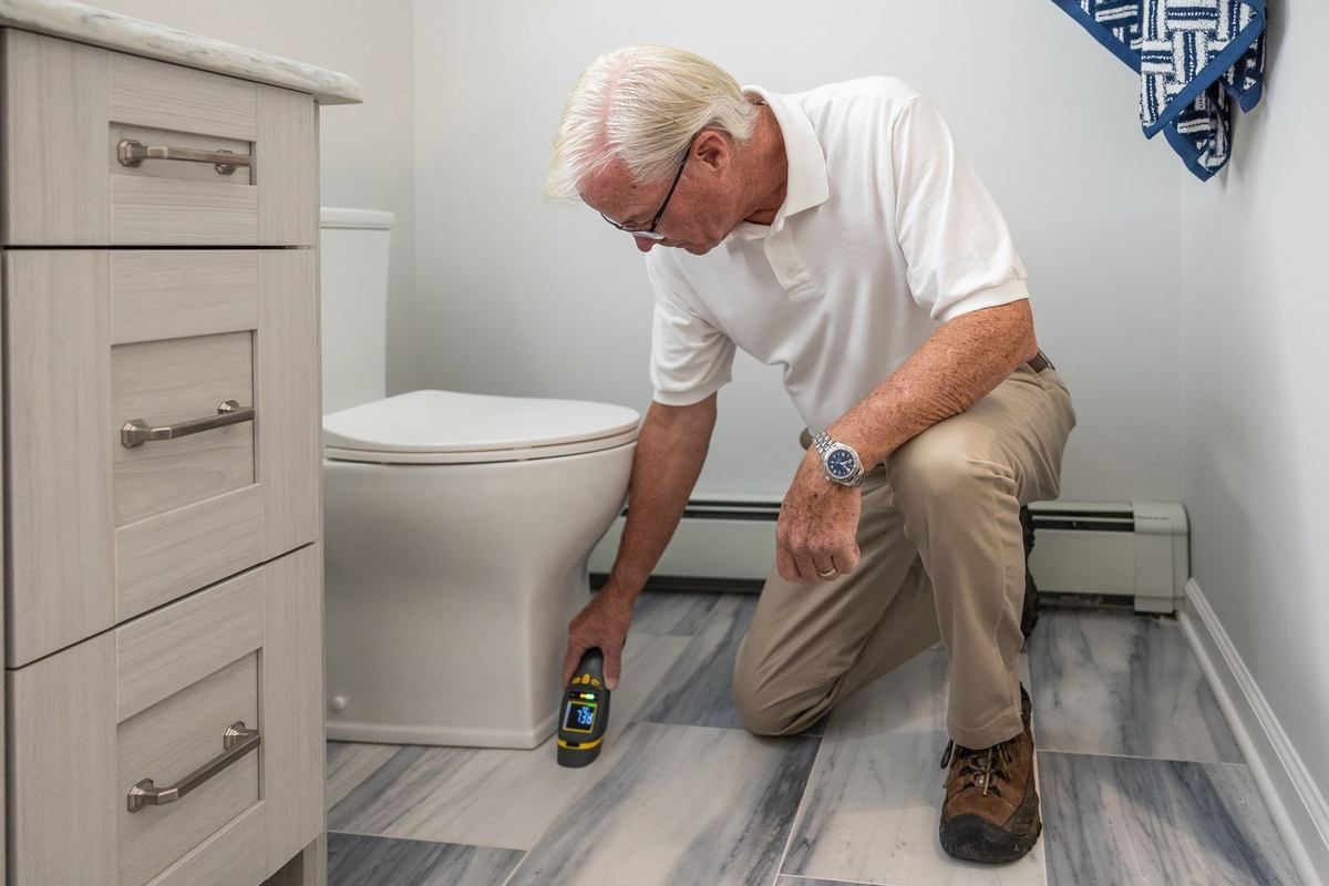 Homme âgé mesure la distance entre un toilette et un meuble de salle de bain Homme âgé mesure la distance entre un toilette et un meuble de salle de bain