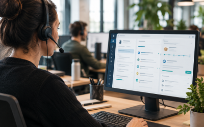 Conseillère utilisant un logiciel ERP pour suivre les demandes clients dans un centre d’appel
