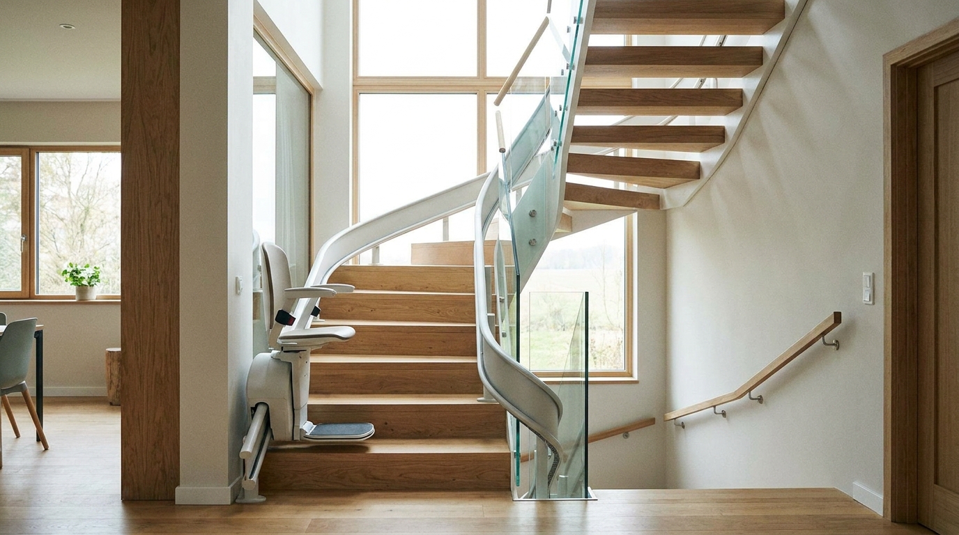 Monte-escalier moderne sur un escalier tournant, maison lumineuse