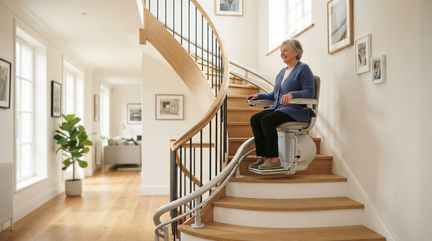 Monte-escalier moderne sur un escalier tournant, maison lumineuse